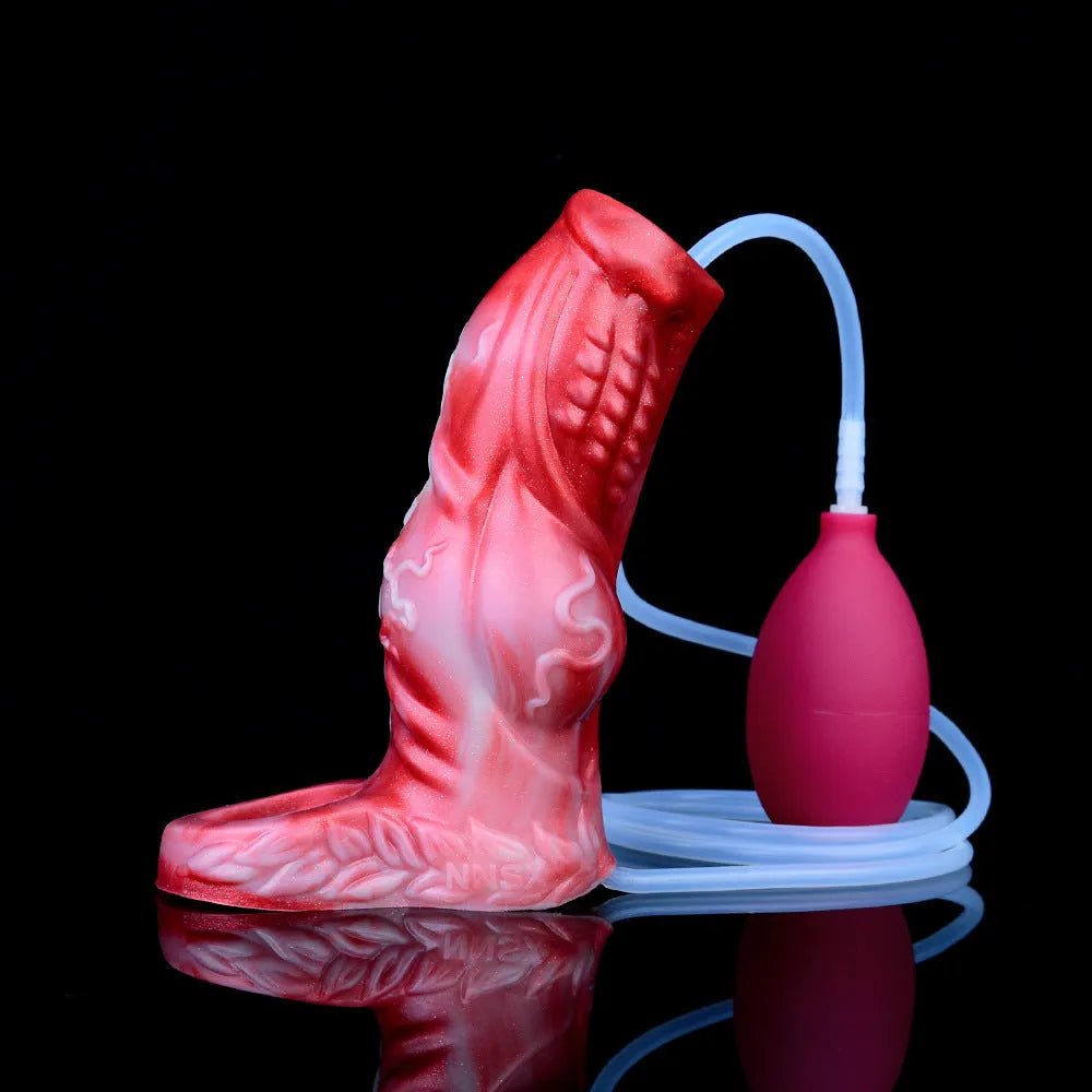 Silicone exotic condom adult toy with syringe and airbag accessories for manual water spray function.