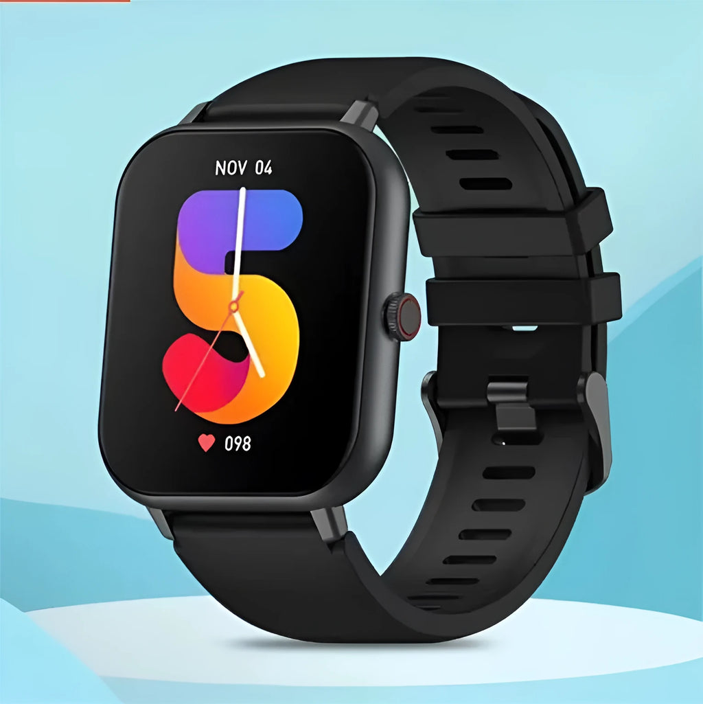 Black Bluetooth smart watch with AI voice control and heart rate monitoring on a wrist.