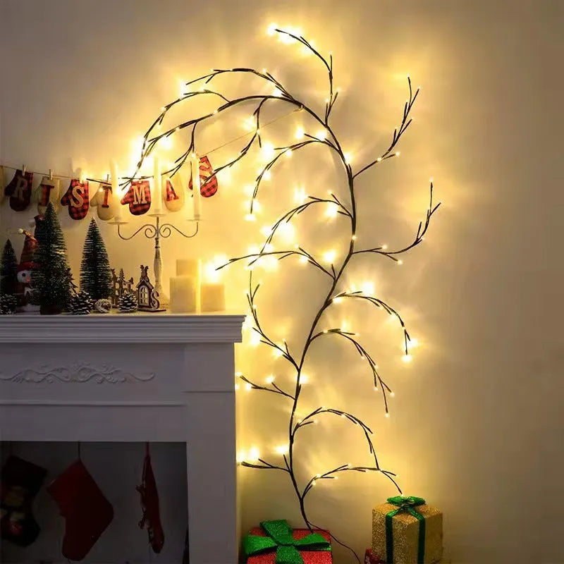 Flexible willow vine LED Christmas garland light with warm white LEDs and birch bark texture