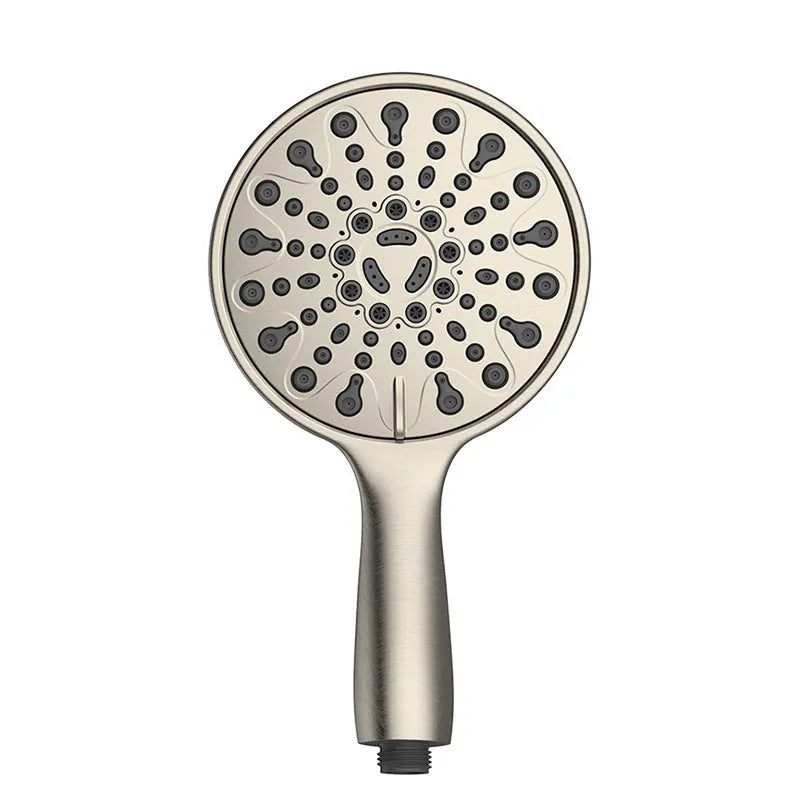 Six-function handheld shower head with electroplated finish showing massage, bubble, and rain mode settings