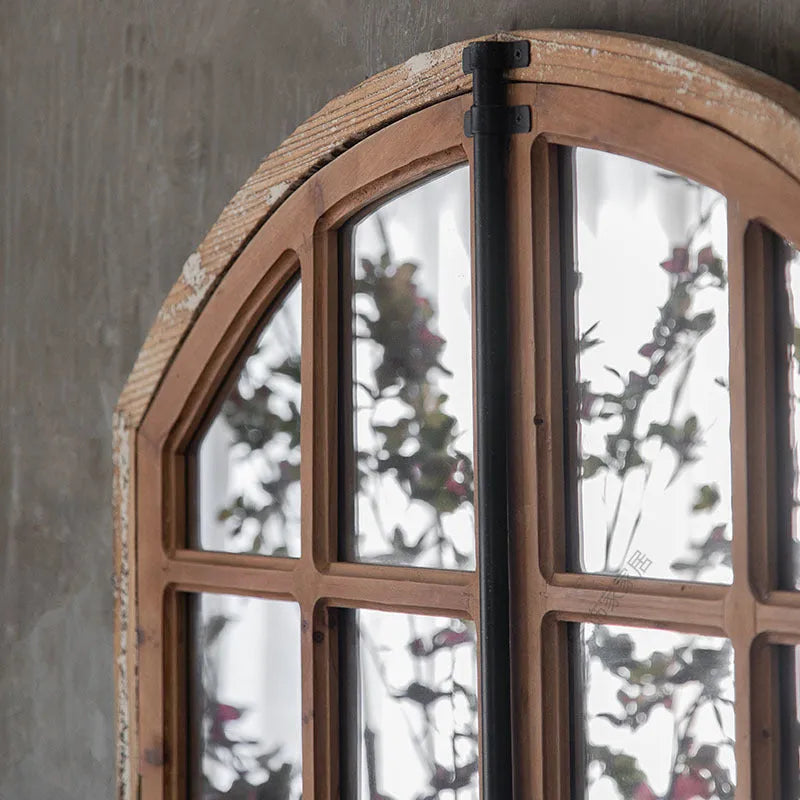 Terrace style distressed wooden frame fake window mirror in log colour with glass reflection