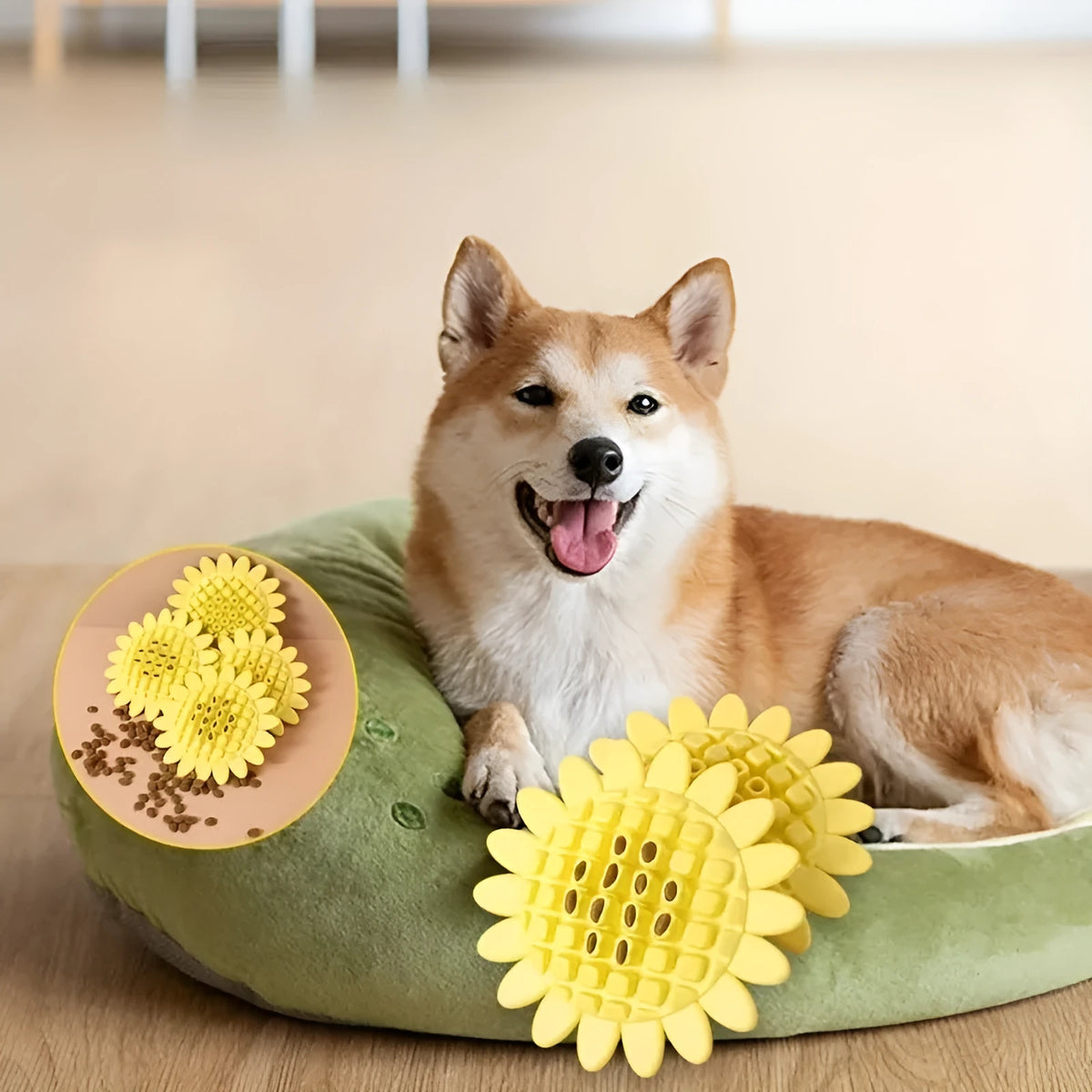Yellow rubber sunflower dog toy for puppies and dogs, a chewy pet accessory for teething and play.
