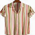 Men's short sleeve polyester shirt with a digital printed pattern, shown on a hanger.