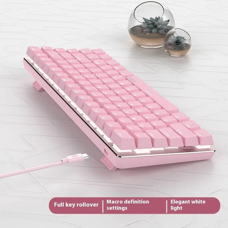 Pink and white 82-key mechanical keyboard with metal frame and white backlighting