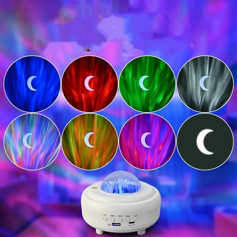 White Galaxy Star Projector night lamp showing star projection on wall and ceiling