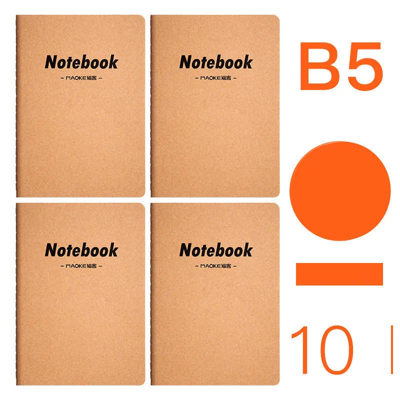 Ten soft cover kraft paper notebooks with thread binding in A5 and B5 sizes showing multiple design styles