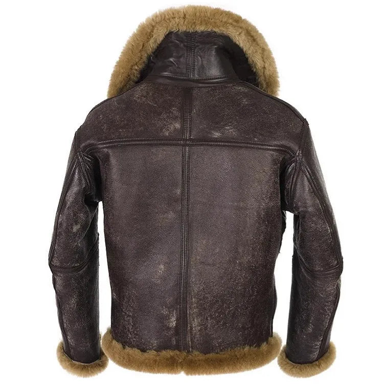 Men's retro synthetic leather fur coat with polyester lining and side seam pockets