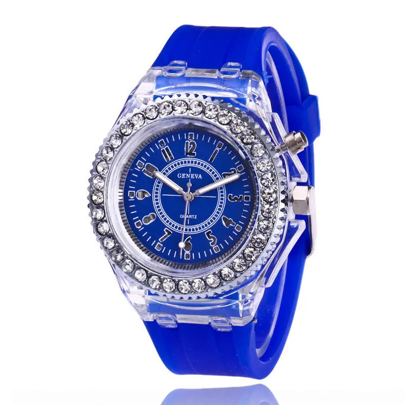 Women's LED luminous watch with 43mm round dial and silicone bracelet in multiple colours