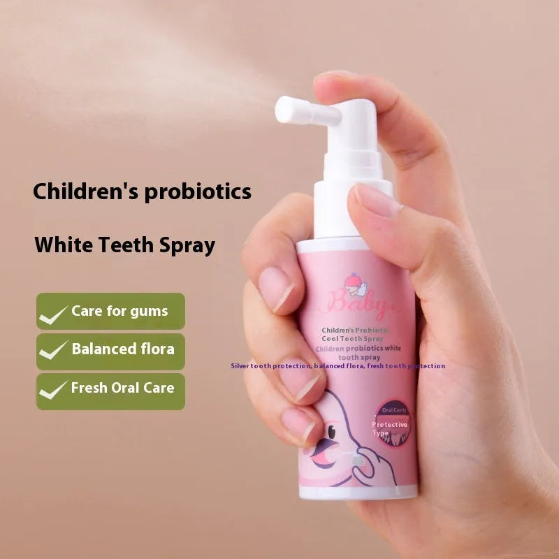 Children's probiotic oral spray bottle for white teeth and anticavity protection in strawberry or orange flavour