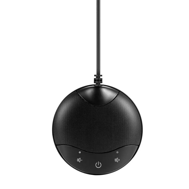 Black USB condenser desktop microphone for conferences and gaming with 9x9x1.7cm dimensions
