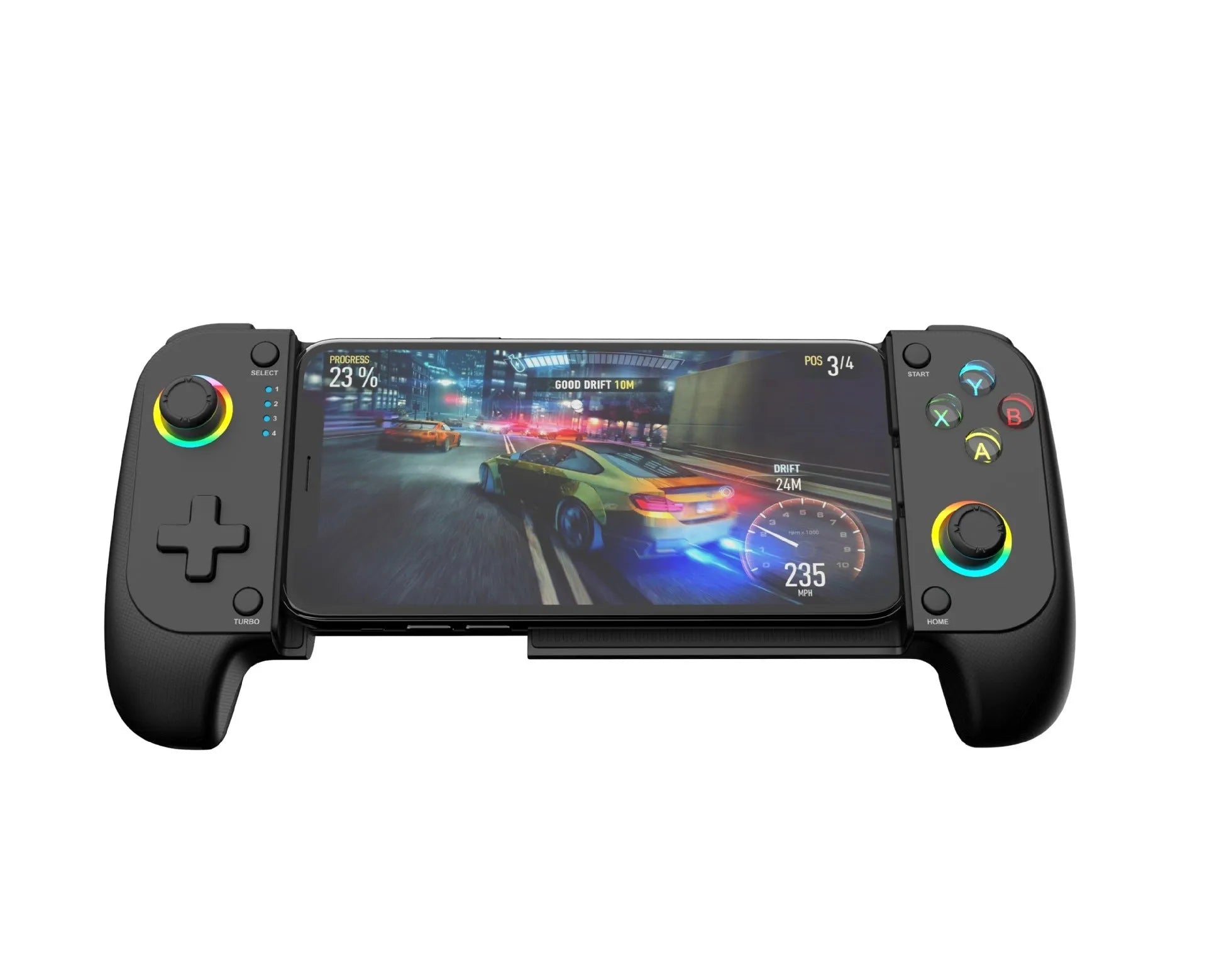 Bluetooth wireless game controller handle for mobile phones showing 17.5cm size and Type-C port