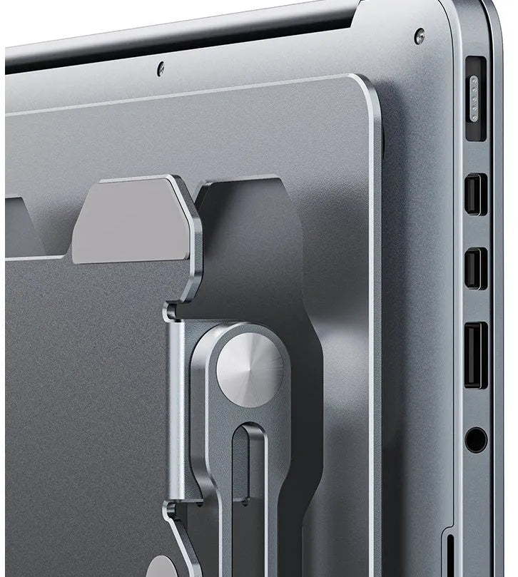 Grey aluminium alloy laptop stand with adjustable angle, shown folded and open.