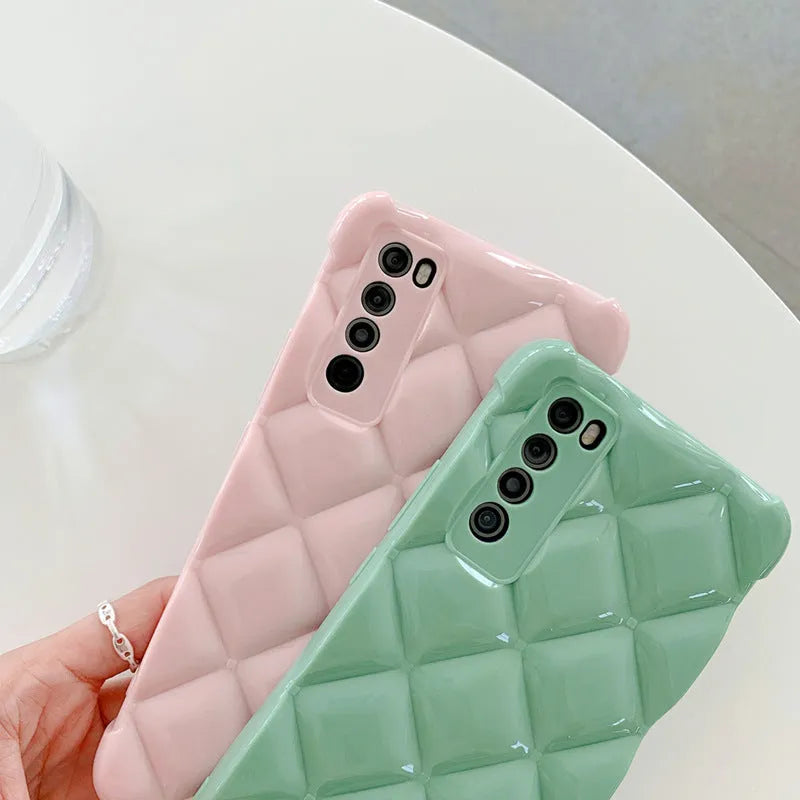 A solid colour silicone back cover case for a Huawei mobile phone, shown in black, green, pink, and white colour options.