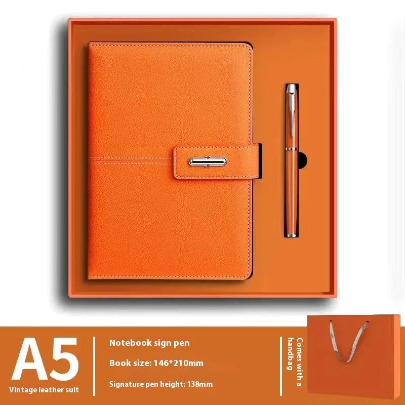 A5 notebook with PU leather cover shown in multiple colour options including black, red, green, blue, and orange.