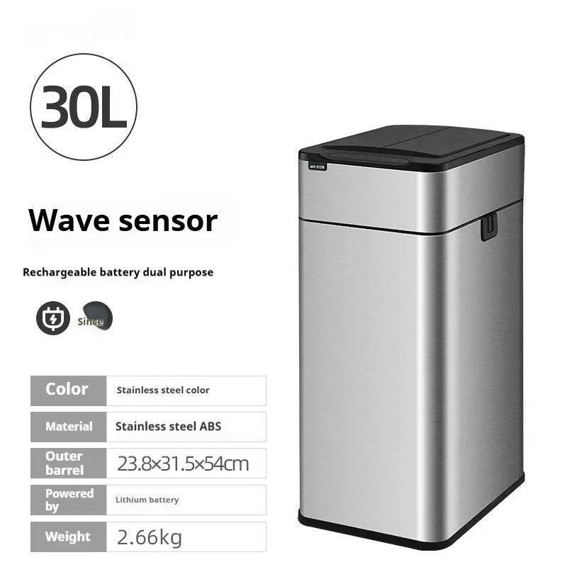Square stainless steel inductive smart trash can with sensor lid.