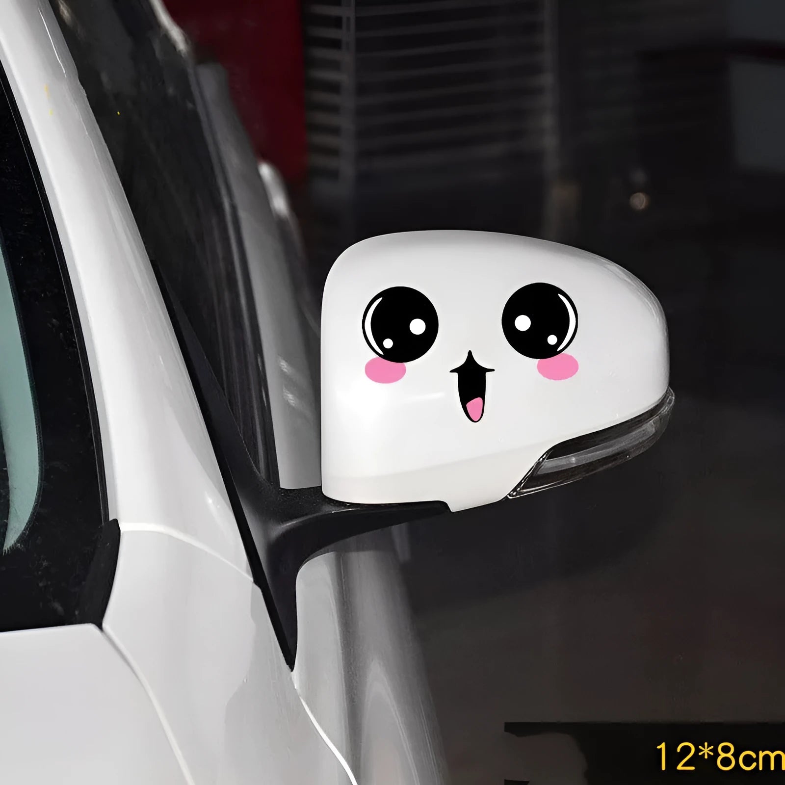 Pair of reflective cartoon eye car stickers for vehicle customisation on rearview mirror