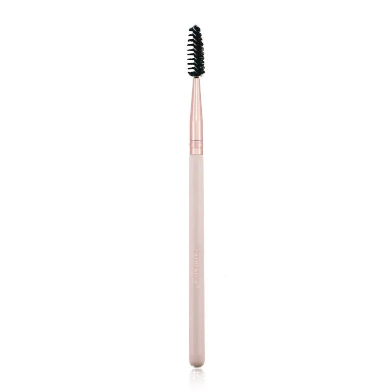 26-piece pink makeup brush set with wooden handles and a grey PU storage case, arranged open.