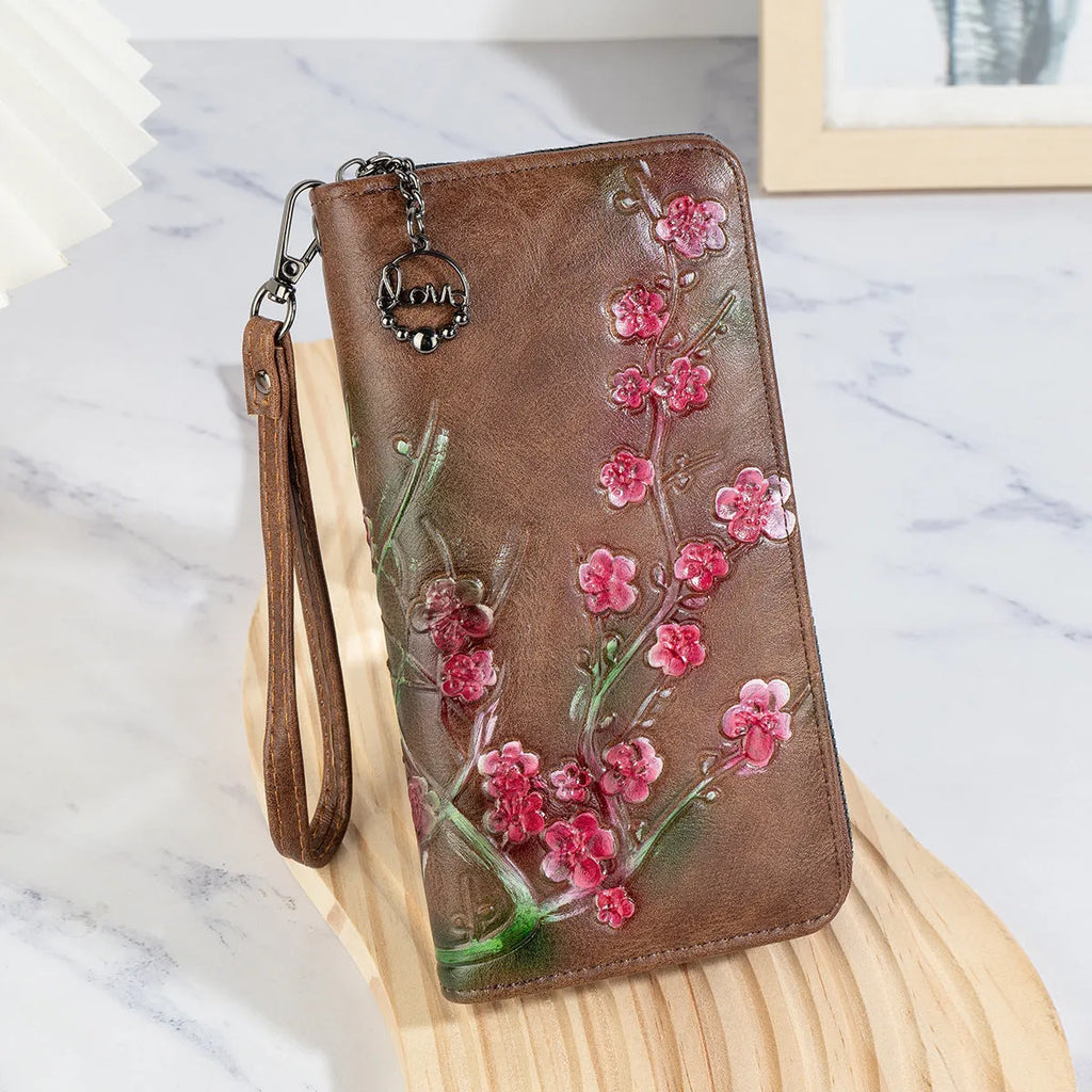 Embossed floral pattern Chinese style handbag with zipper closure in black, brown or coffee