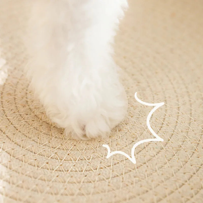 Green oval-shaped cat scratcher pad with sisal surface serving as a scratching area and cat bed.