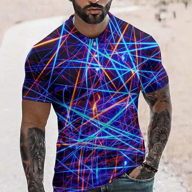 Men's grey short sleeve t-shirt with a raised 3D printed design on the lapel button.