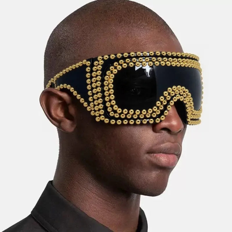 Men's punk square sunglasses with large frame and rivet details in silver or gold colour
