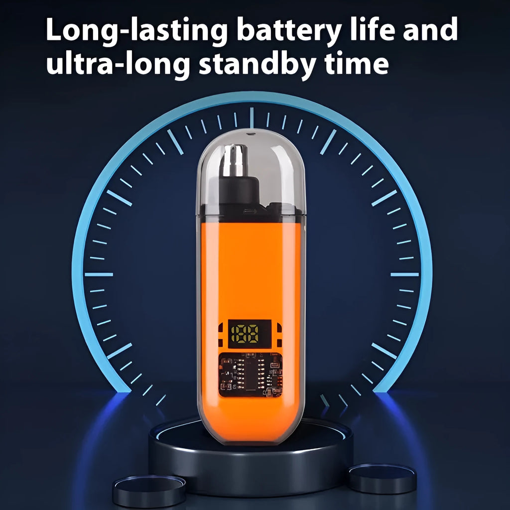 Rechargeable nose hair trimmer with digital display in black, blue or orange colours