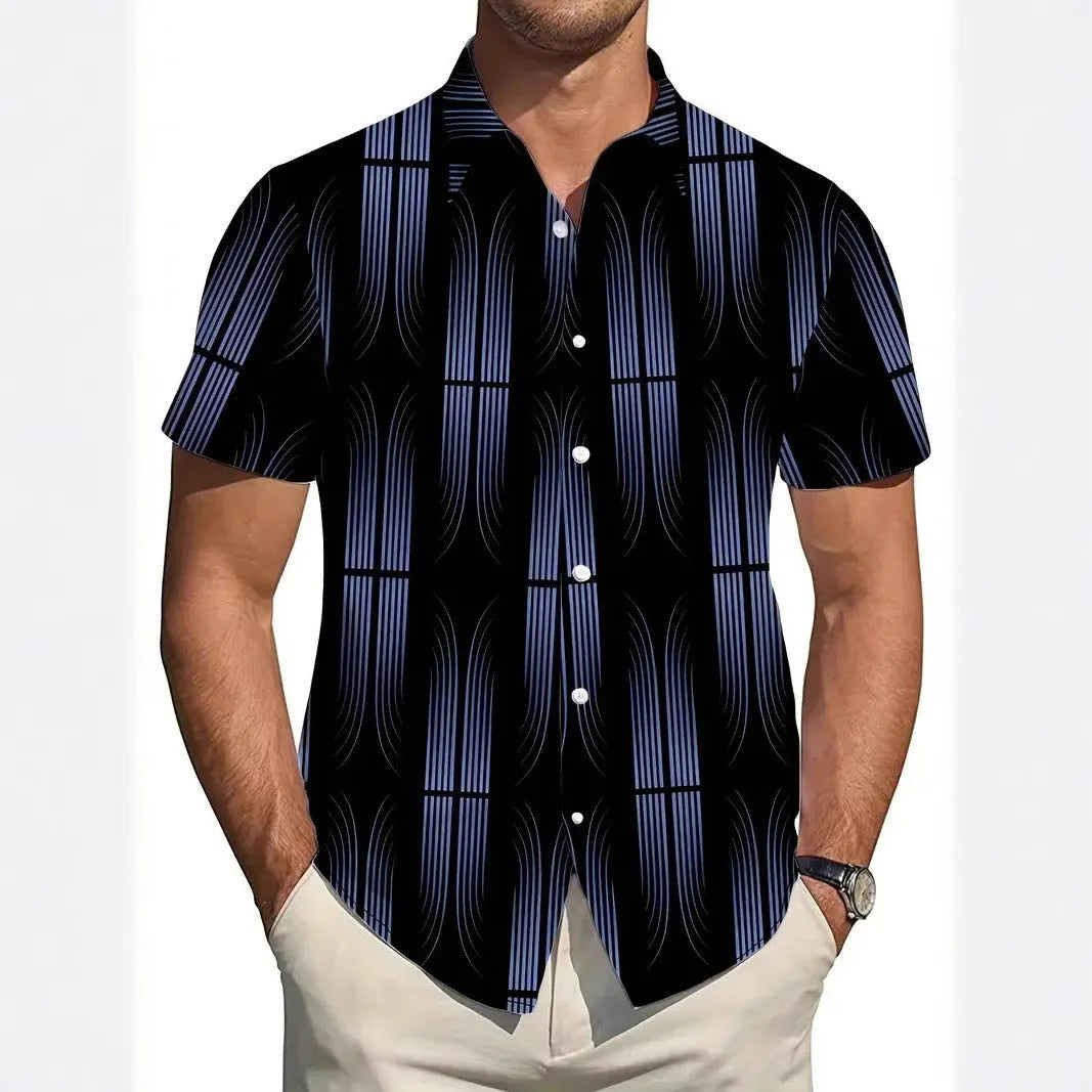 Men's geometric line print short sleeve shirt in slim fit with lapel collar