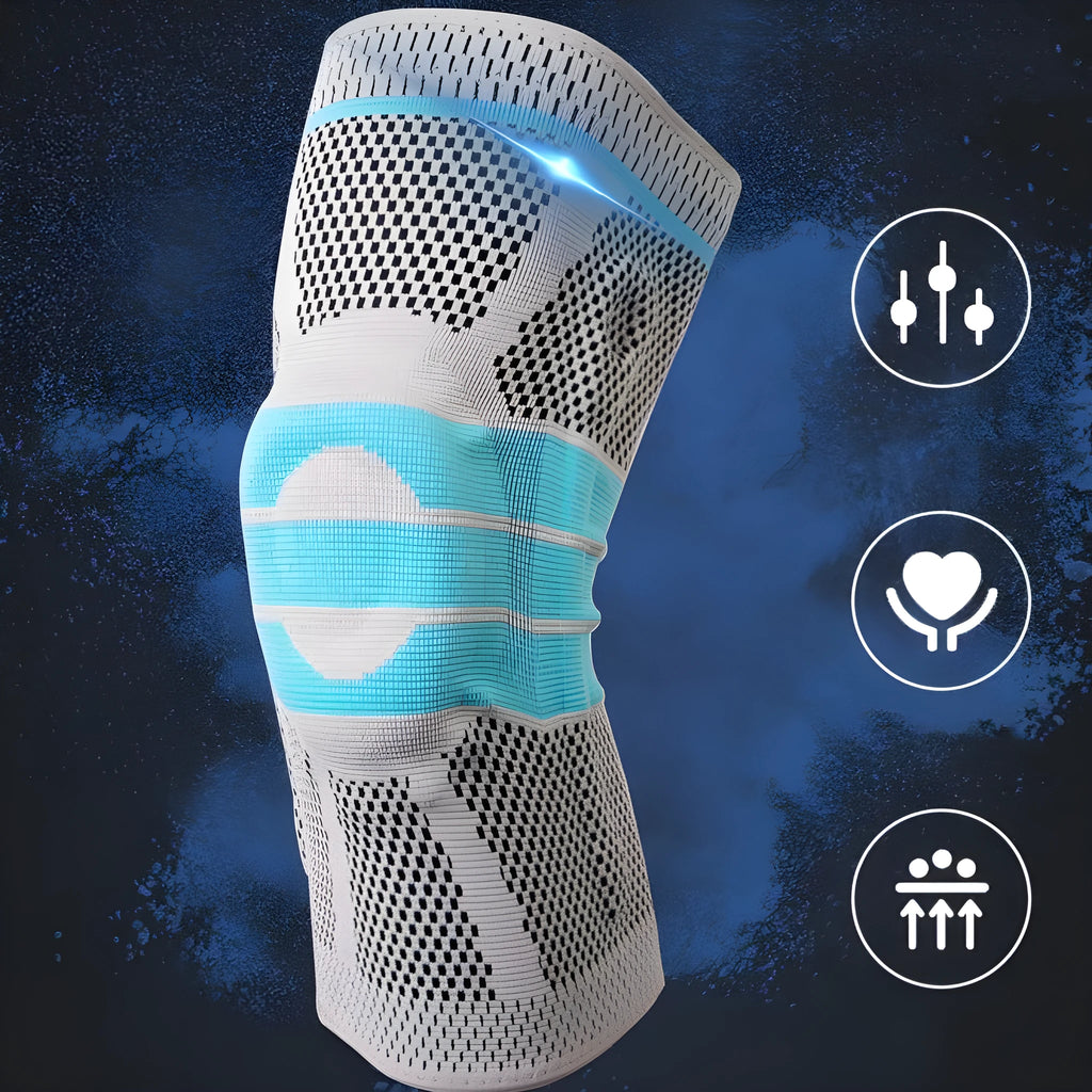 Sky blue elastic fibre silicone knee pad for sports protection, shown in S, M, L, XL sizes.