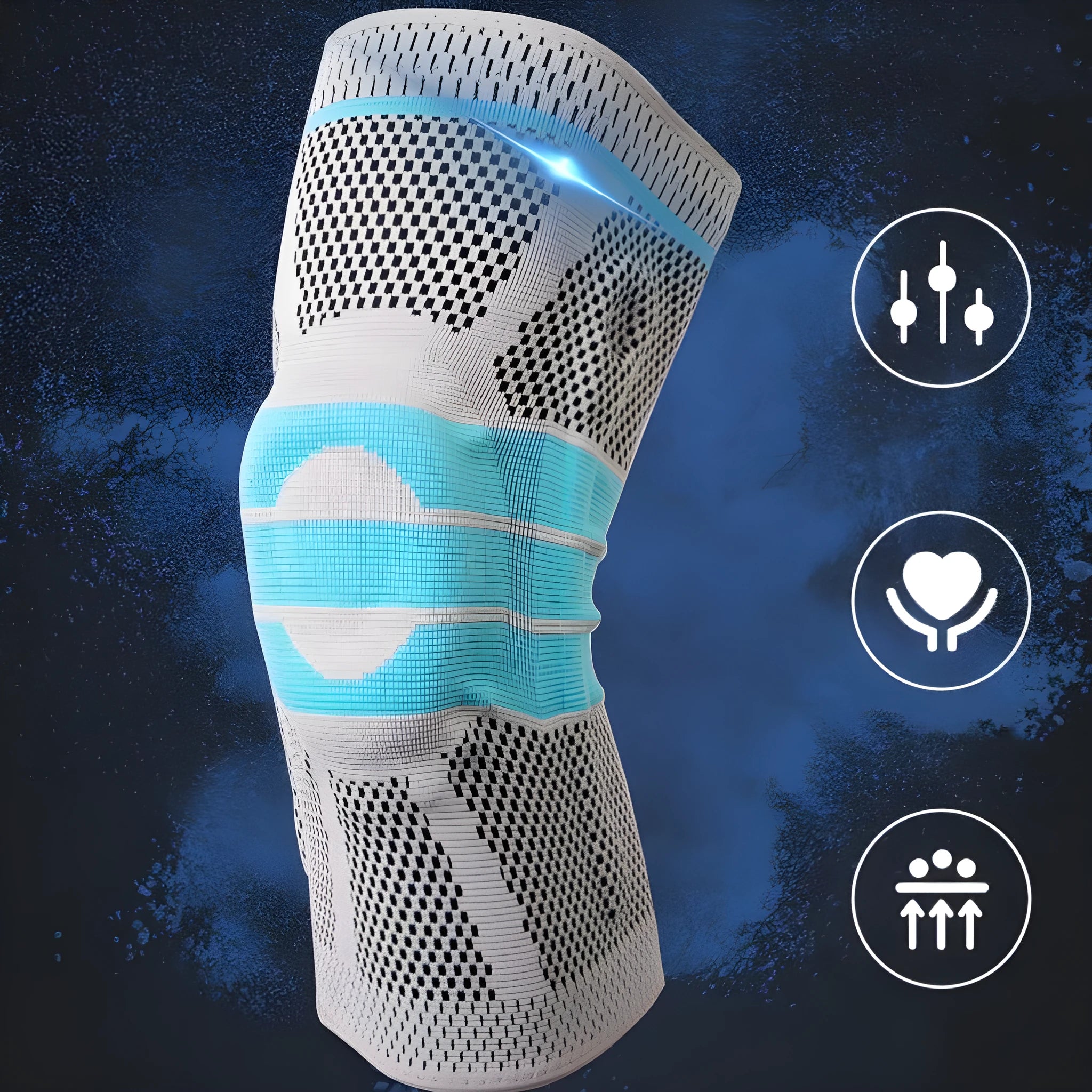 Sky blue elastic fibre silicone knee pad for sports protection, shown in S, M, L, XL sizes.