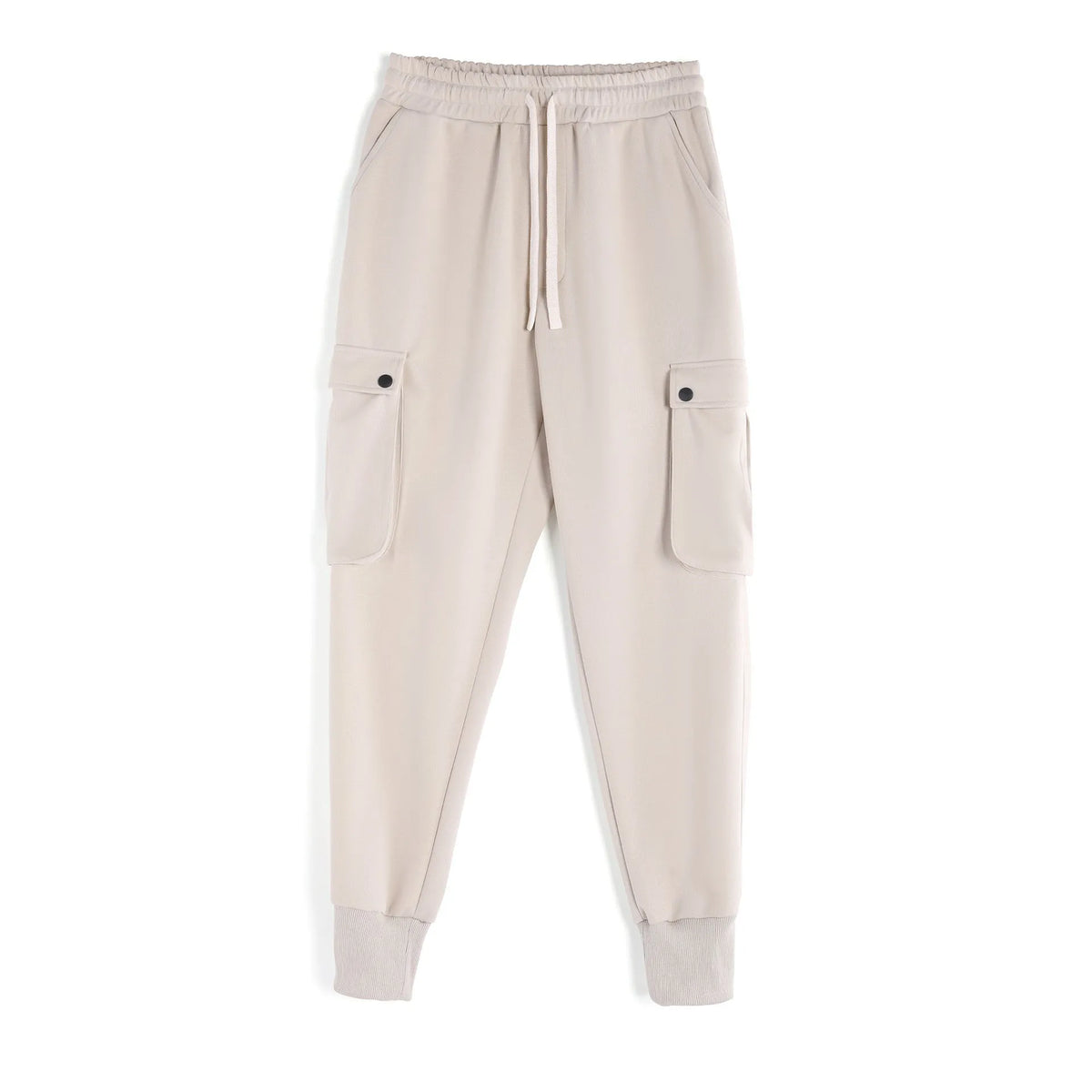 Men's loose cotton sports trousers with ankle-tied cuffs and multiple pockets in various colour options