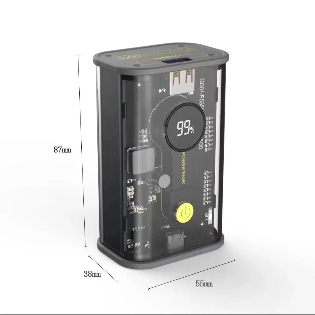 Transparent industrial power bank showing internal aluminium battery case with 10000mAh capacity and multiple USB ports