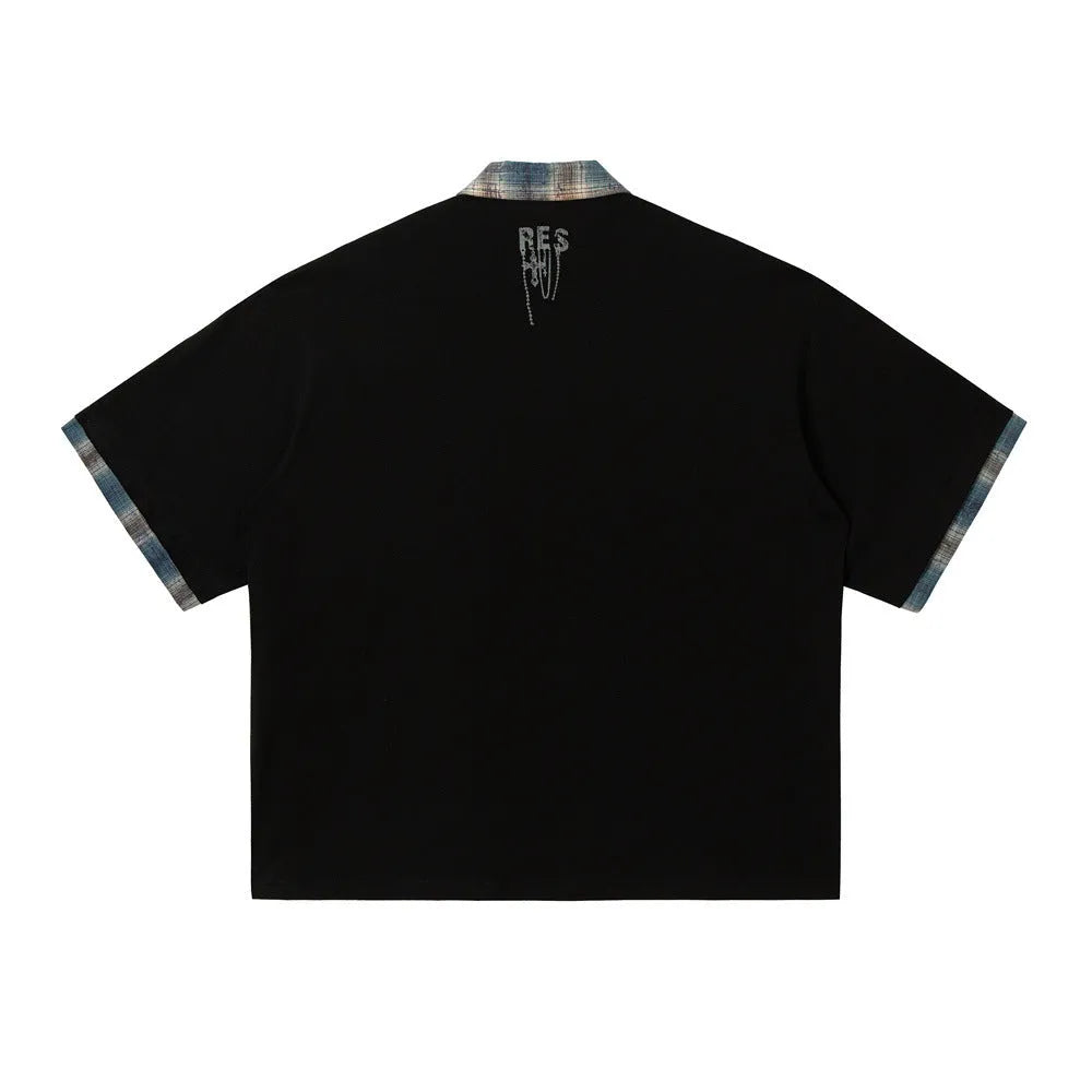 Men's loose graffiti print cotton top with asymmetric lapel in blue and red colours