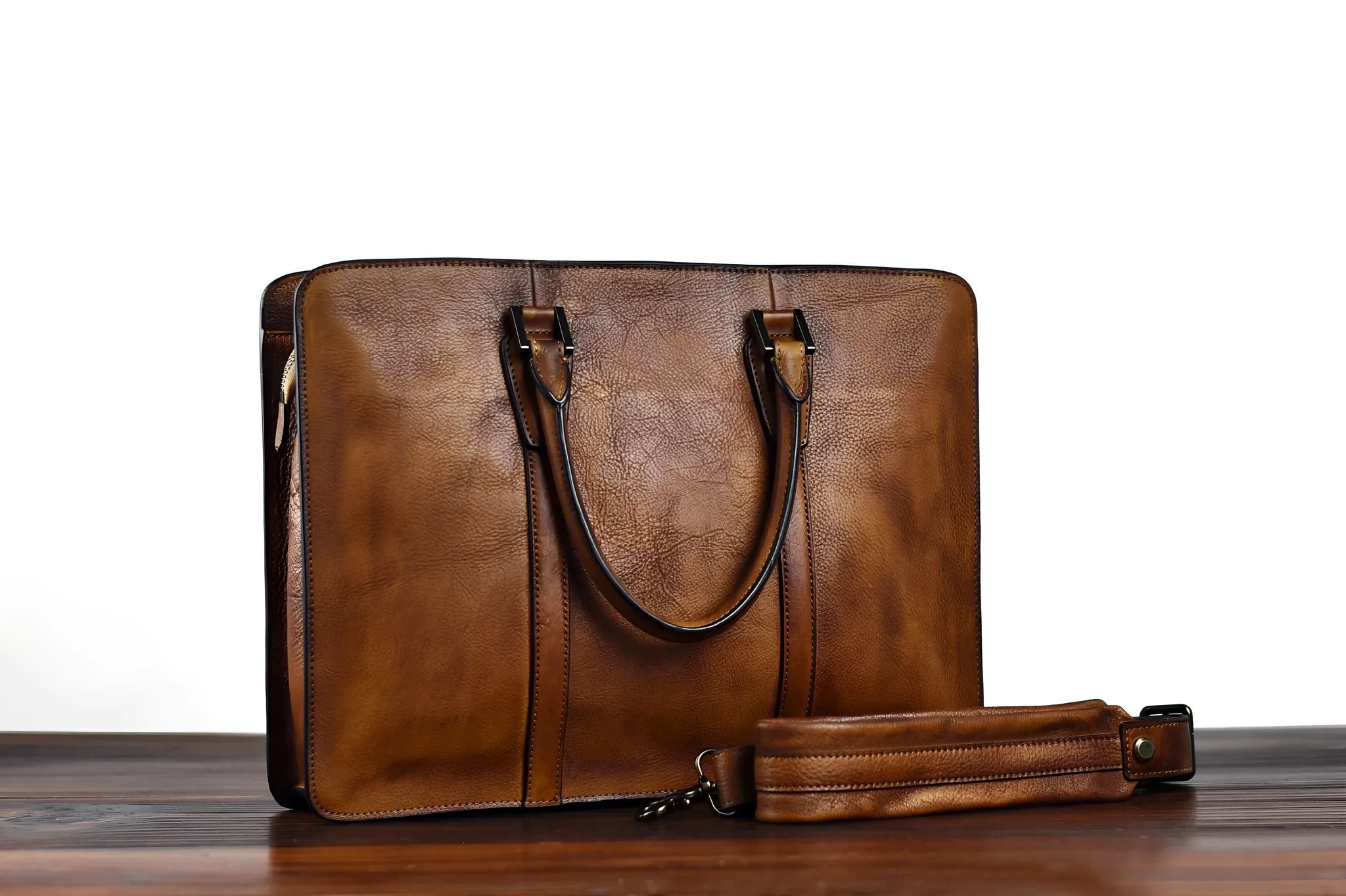 Men's brown leather business handbag with square horizontal shape and top zipper opening