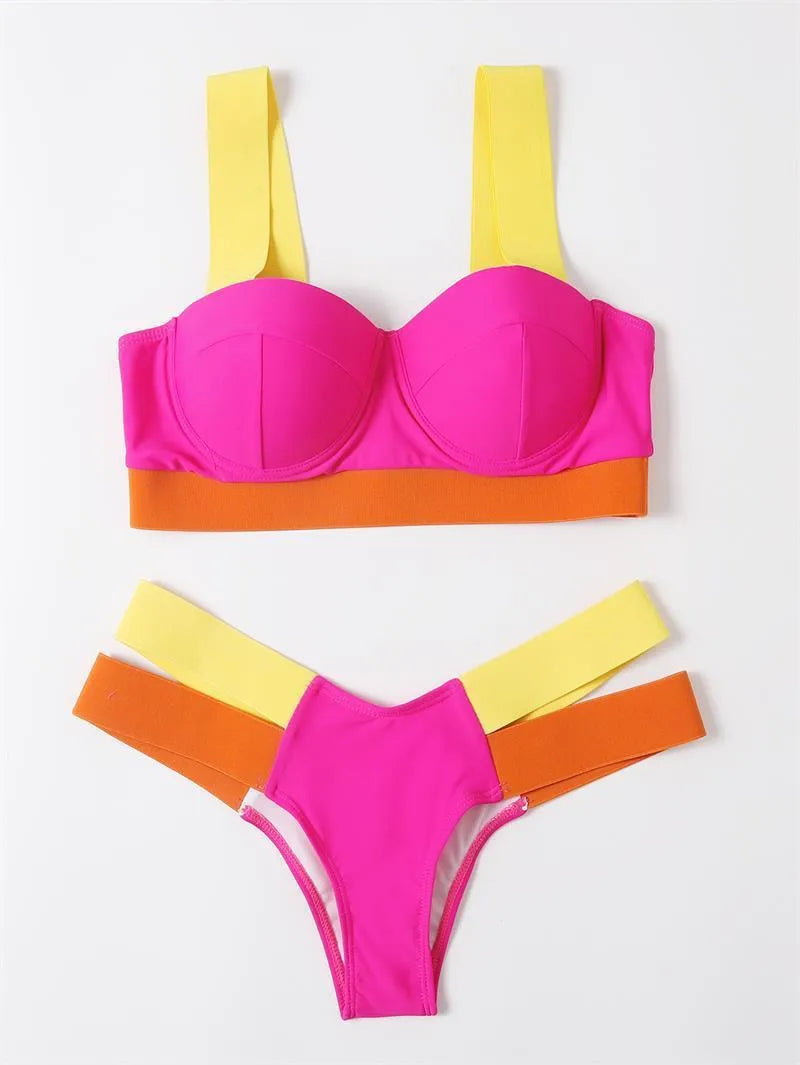 Women's steel bracket push-up bikini with contrasting colour panels in rose red