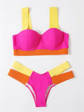 Women's steel bracket push-up bikini with contrasting colour panels in rose red