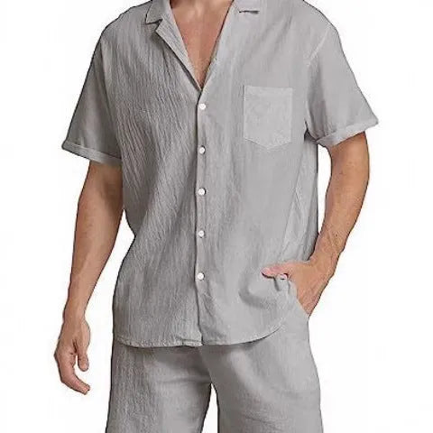 Men's summer sports shorts suit in cotton linen blend showing short-sleeved top and matching shorts
