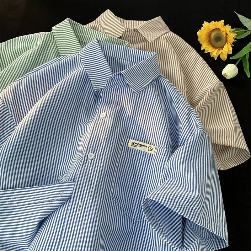 Blue and green striped loose fit plus size half sleeve polyester shirt