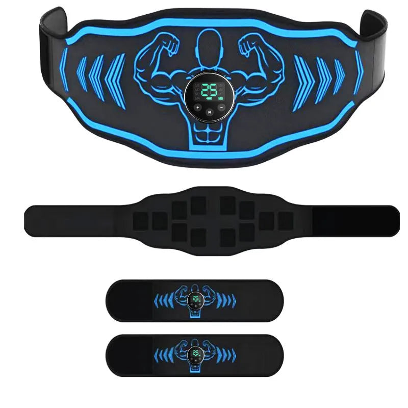Blue rechargeable EMS smart massage belt with arm stickers and timing function