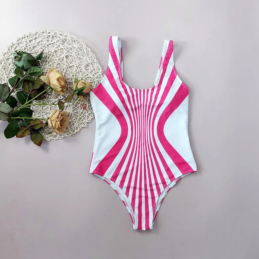 Pink striped one-piece swimsuit for women with digital printing front and back