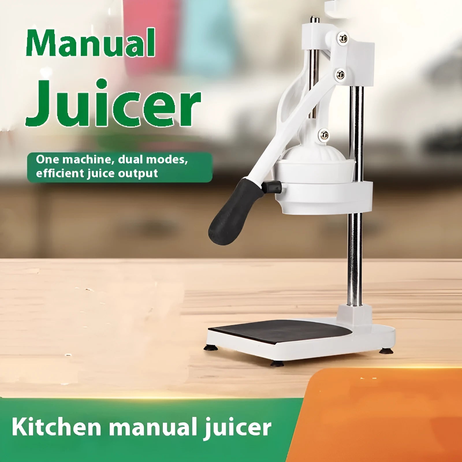 Manual orange juice juicer with stainless steel construction and 48cm size on work surface