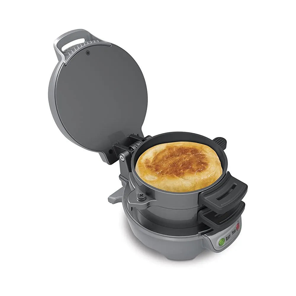 Bright red multifunction breakfast sandwich maker with egg cooker ring and two baking trays