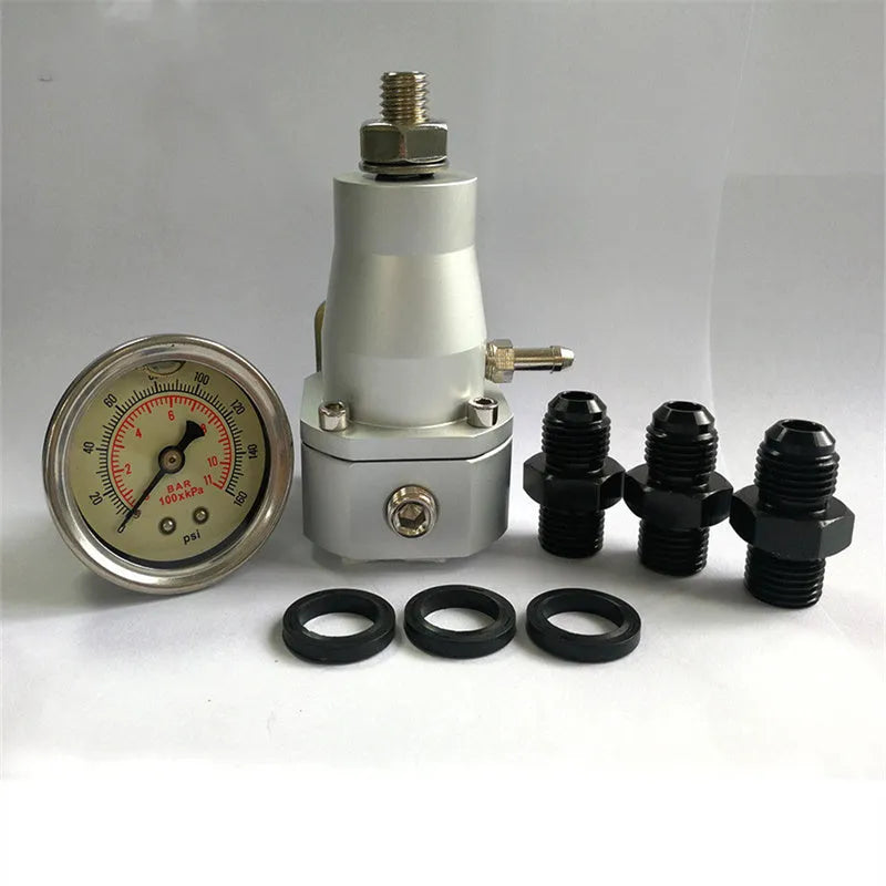 Black CNC aluminum fuel pressure regulator with adjustable 30-70 psi range and oil strap