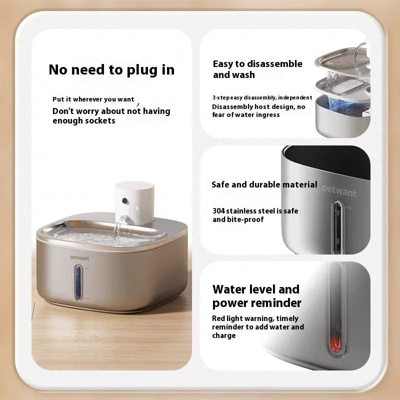 Stainless steel cat water dispenser with 3.2L capacity, lithium battery induction and wireless charging in Pawang