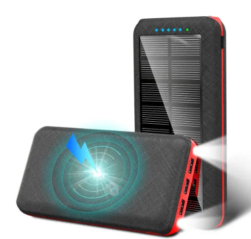 Black solar power bank with wireless charging pad, three USB ports, and an LED flashlight.