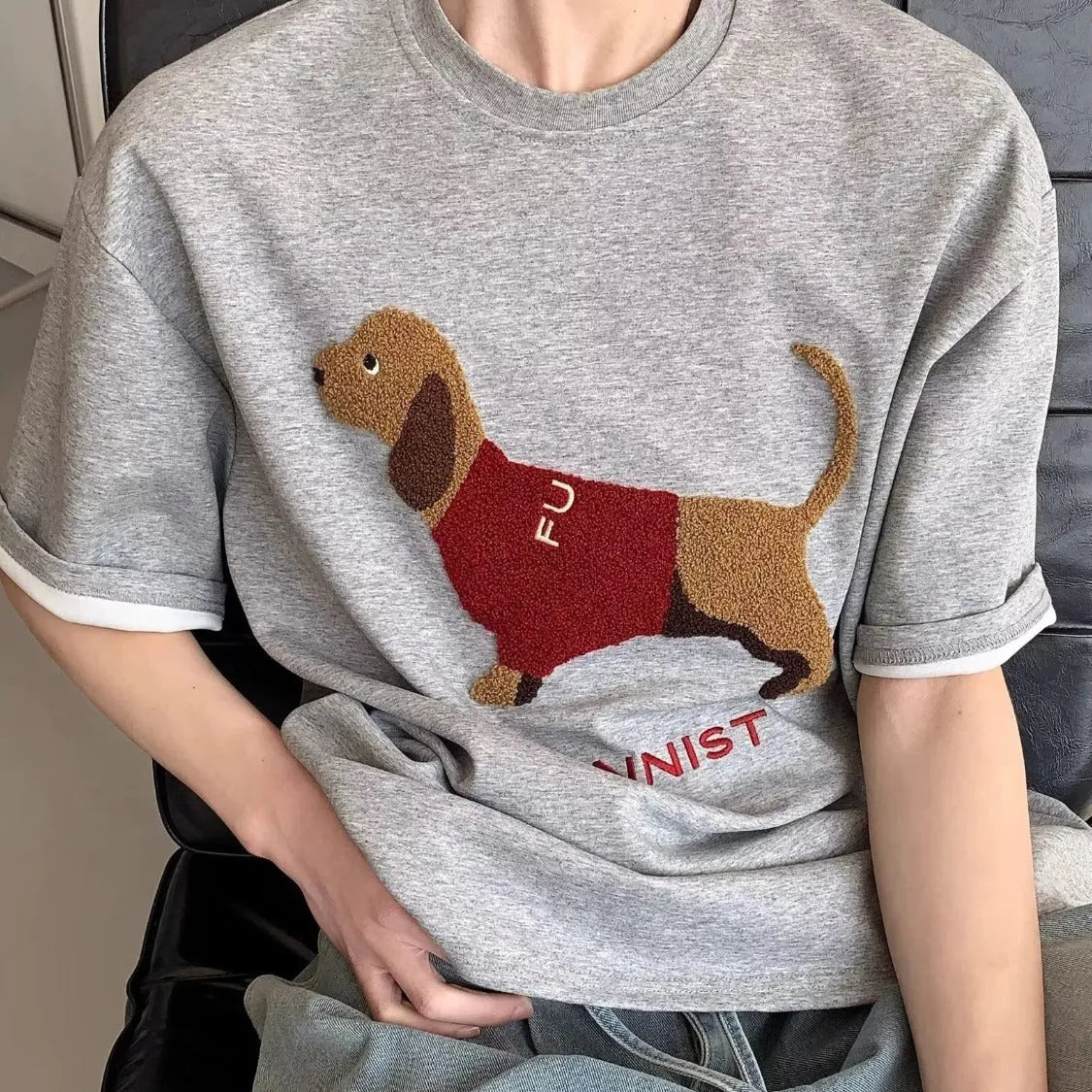 Men's gray T-shirt with embroidered sausage dog design on front