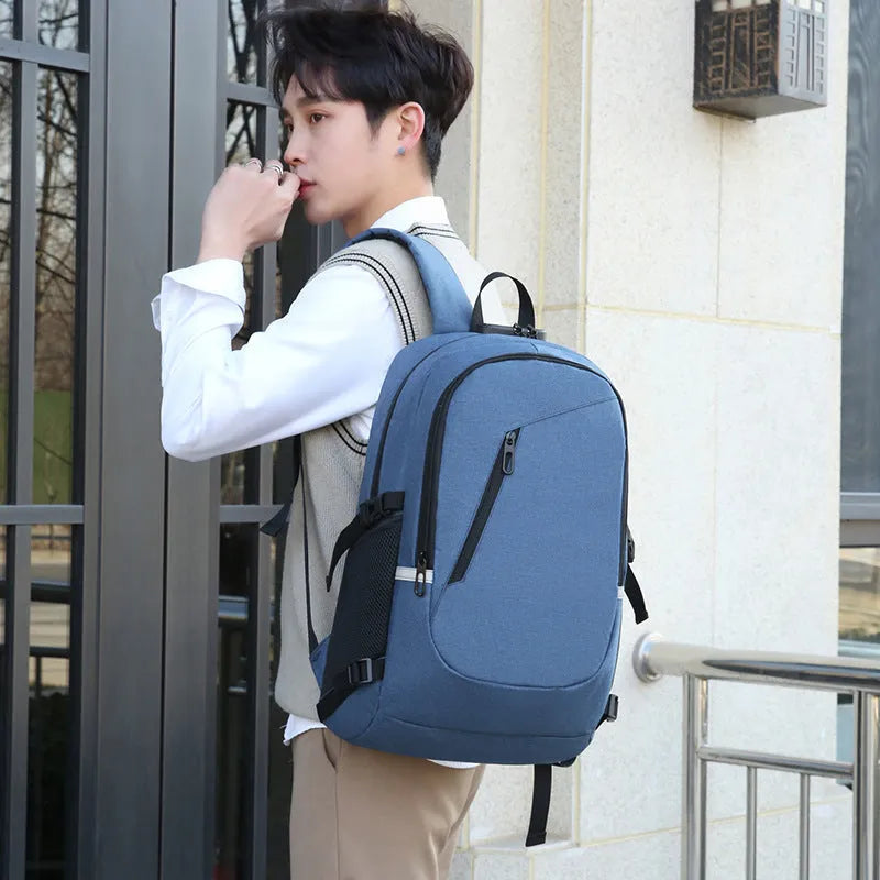 Oxford cloth computer backpack in blue, showing front view with dimensions 50cm high by 19cm wide.