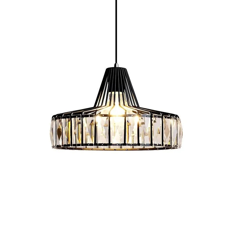 Modern black and crystal LED chandelier ceiling lamp with colour changing lights.
