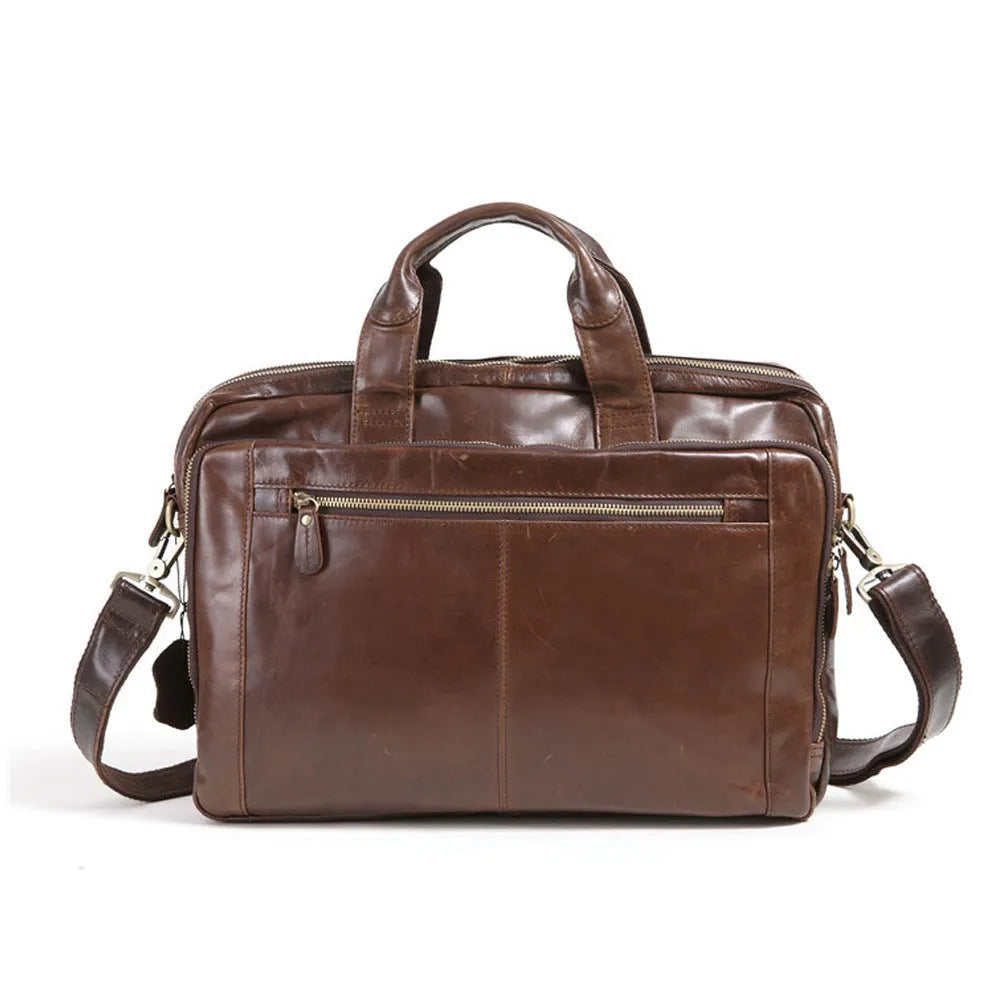 Brown leather business briefcase with 18-inch laptop compartment and professional design