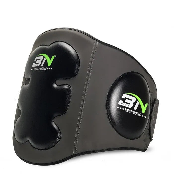 Dark grey Sanda boxing waist protection target with thickened guard for martial arts training.