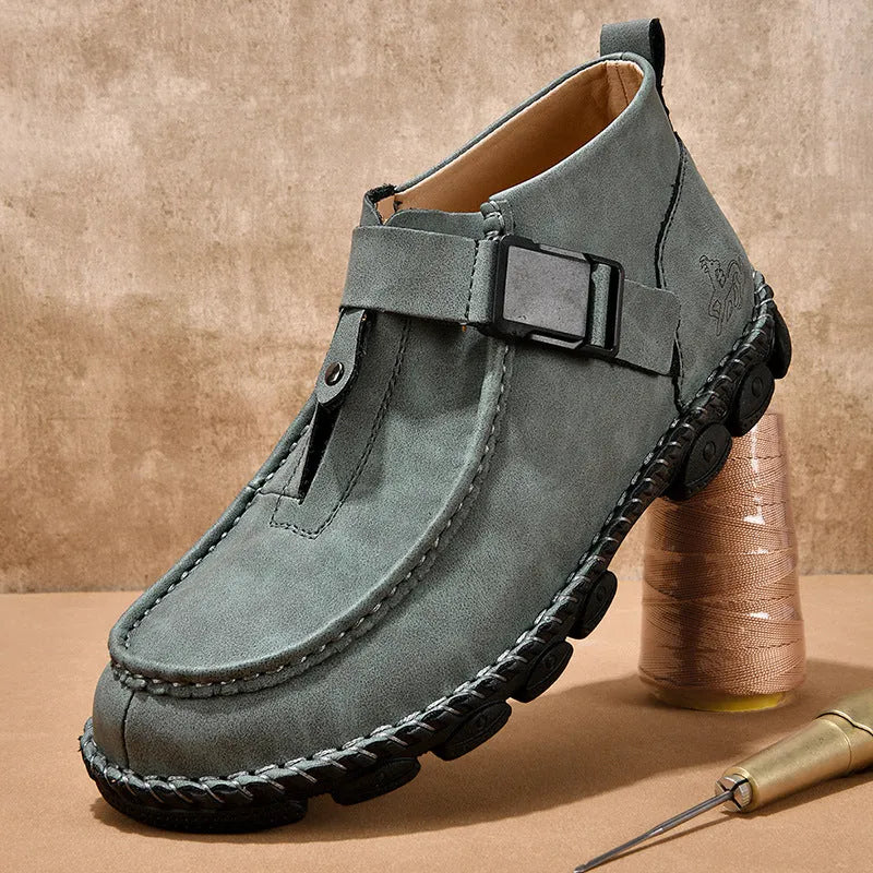 Handmade stitching casual flat bottom slip-on lazy shoes in black PU leather on a white background.